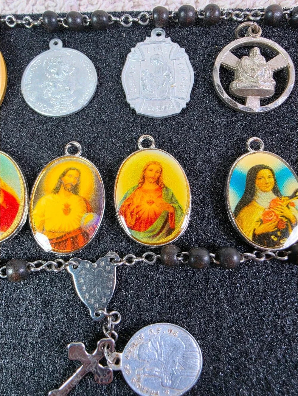 Religious Medal Rosary Necklace with Multi-Color Saint Medallions